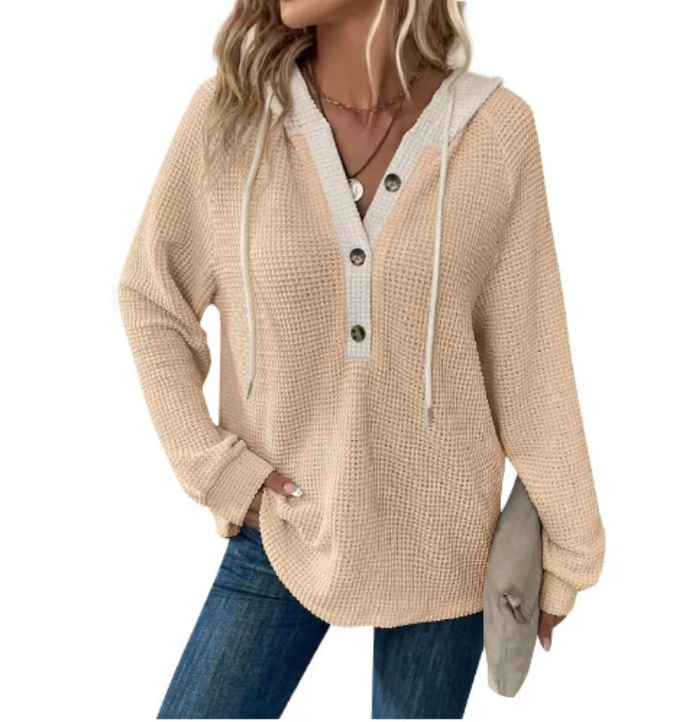 Contrast Hood Drawstring Waffle Pullover - Apricot