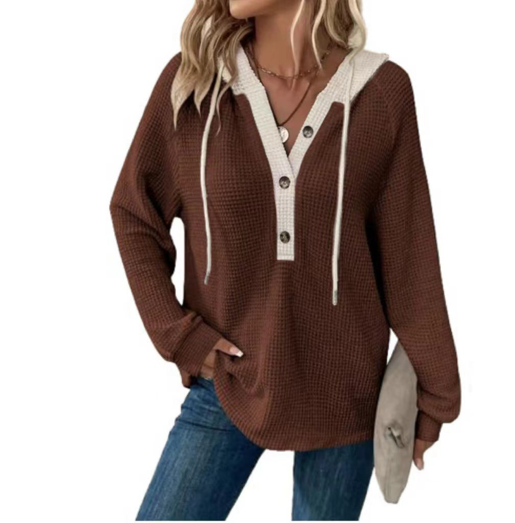 Contrast Hood Drawstring Waffle Pullover - Coffee