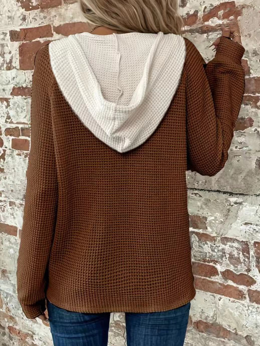 Contrast Hood Drawstring Waffle Pullover - Coffee - 1