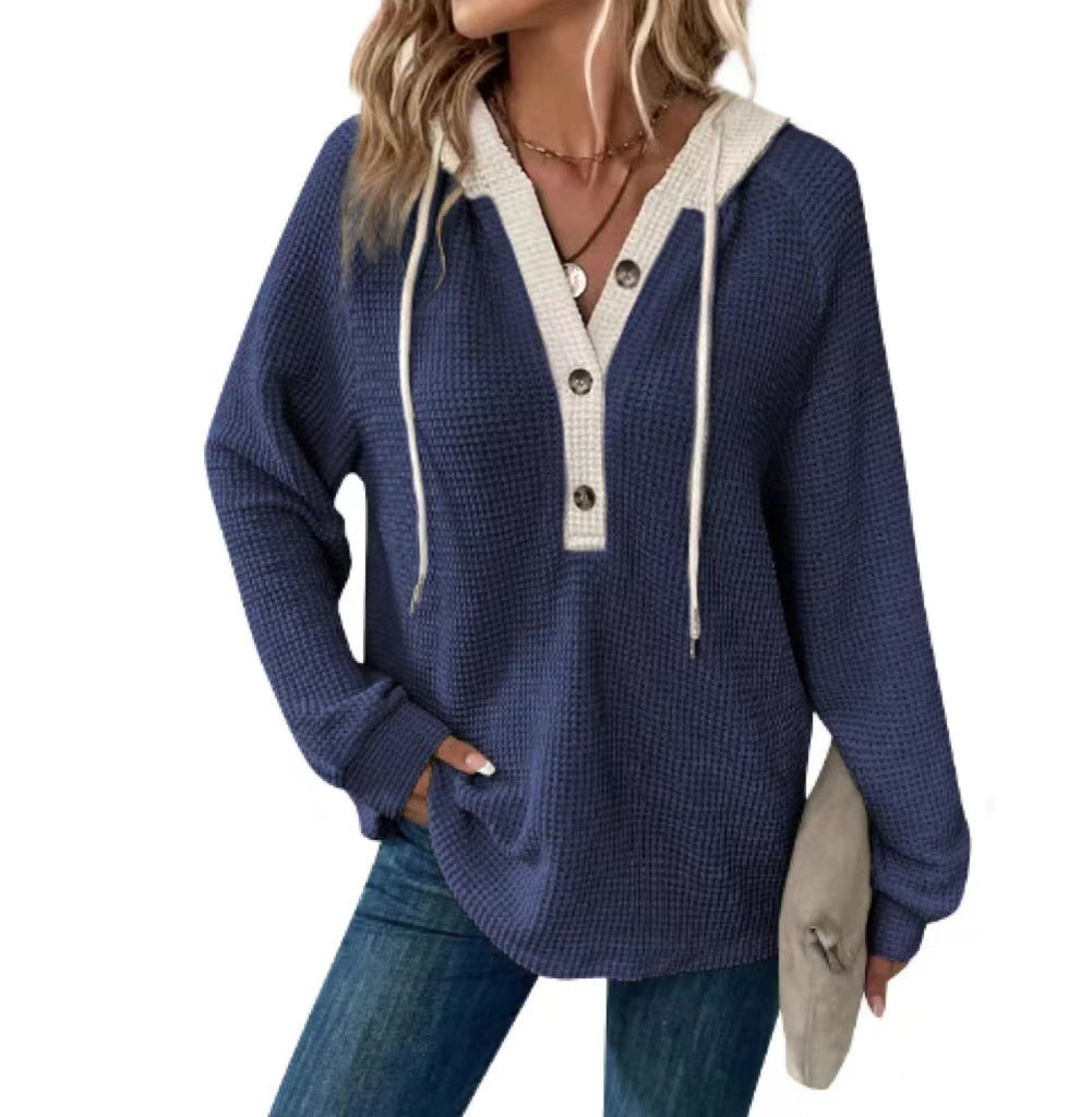 Contrast Hood Drawstring Waffle Pullover - DarkBlue