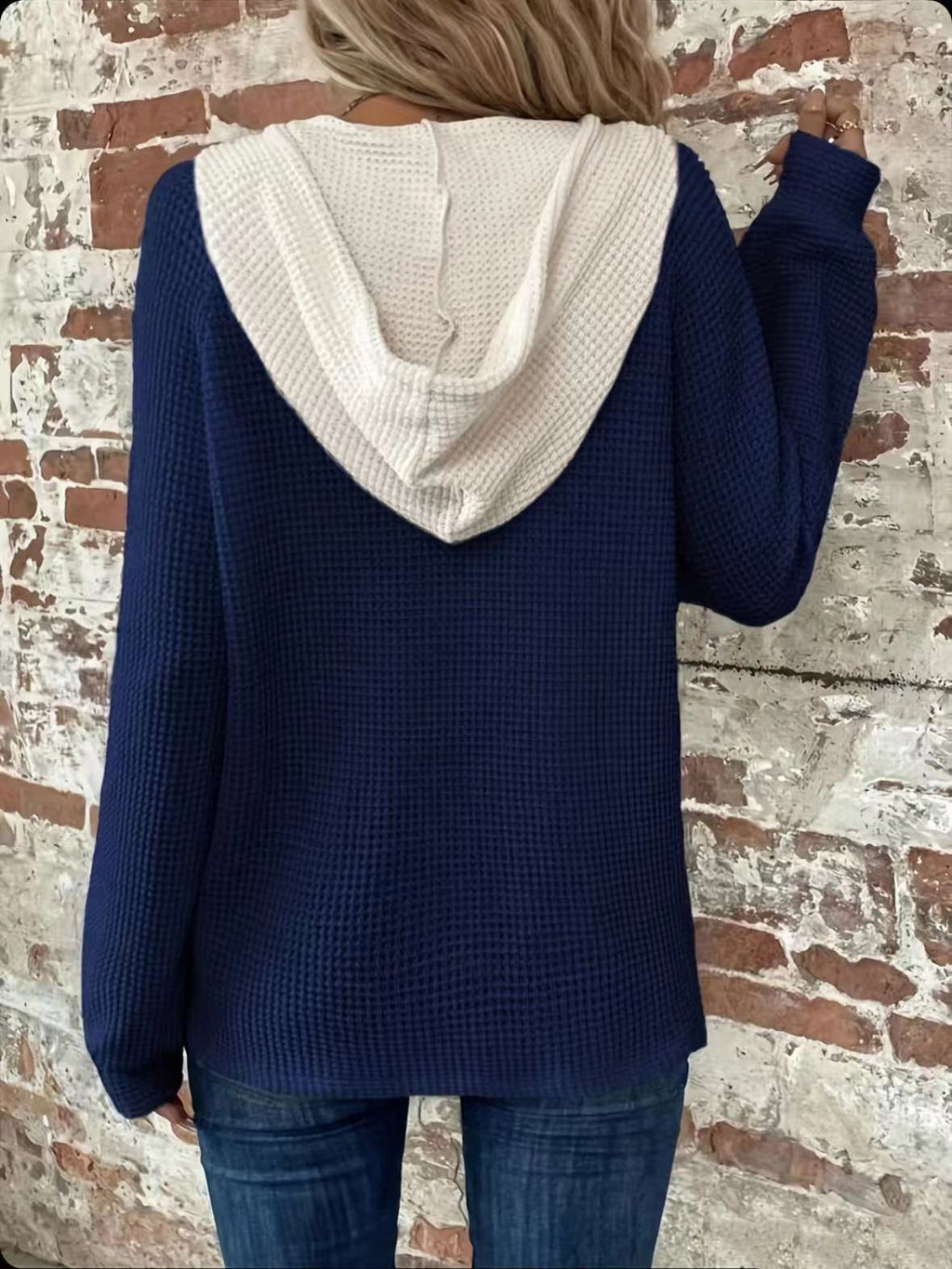 Contrast Hood Drawstring Waffle Pullover - DarkBlue - 1