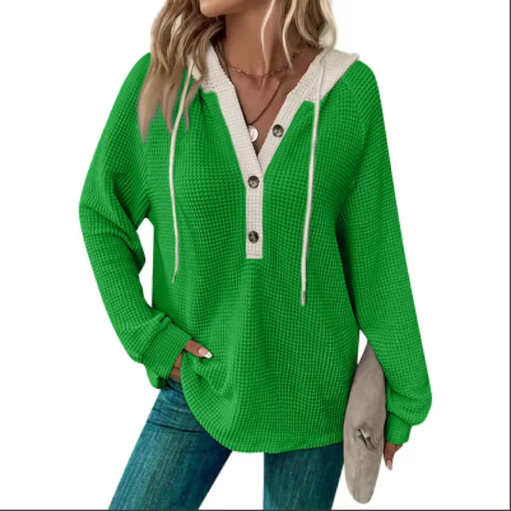 Contrast Hood Drawstring Waffle Pullover - Green