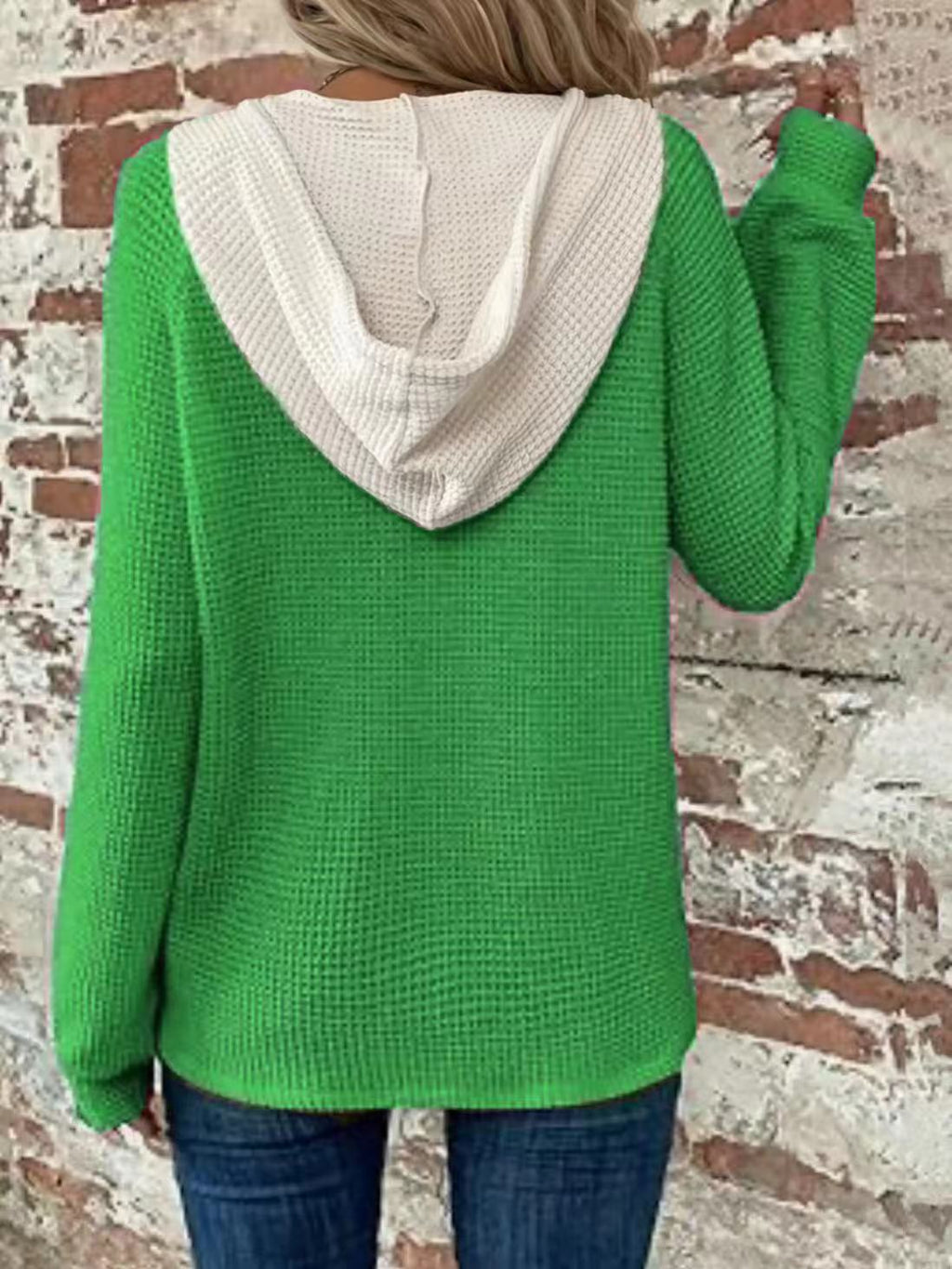 Contrast Hood Drawstring Waffle Pullover - Green - 1