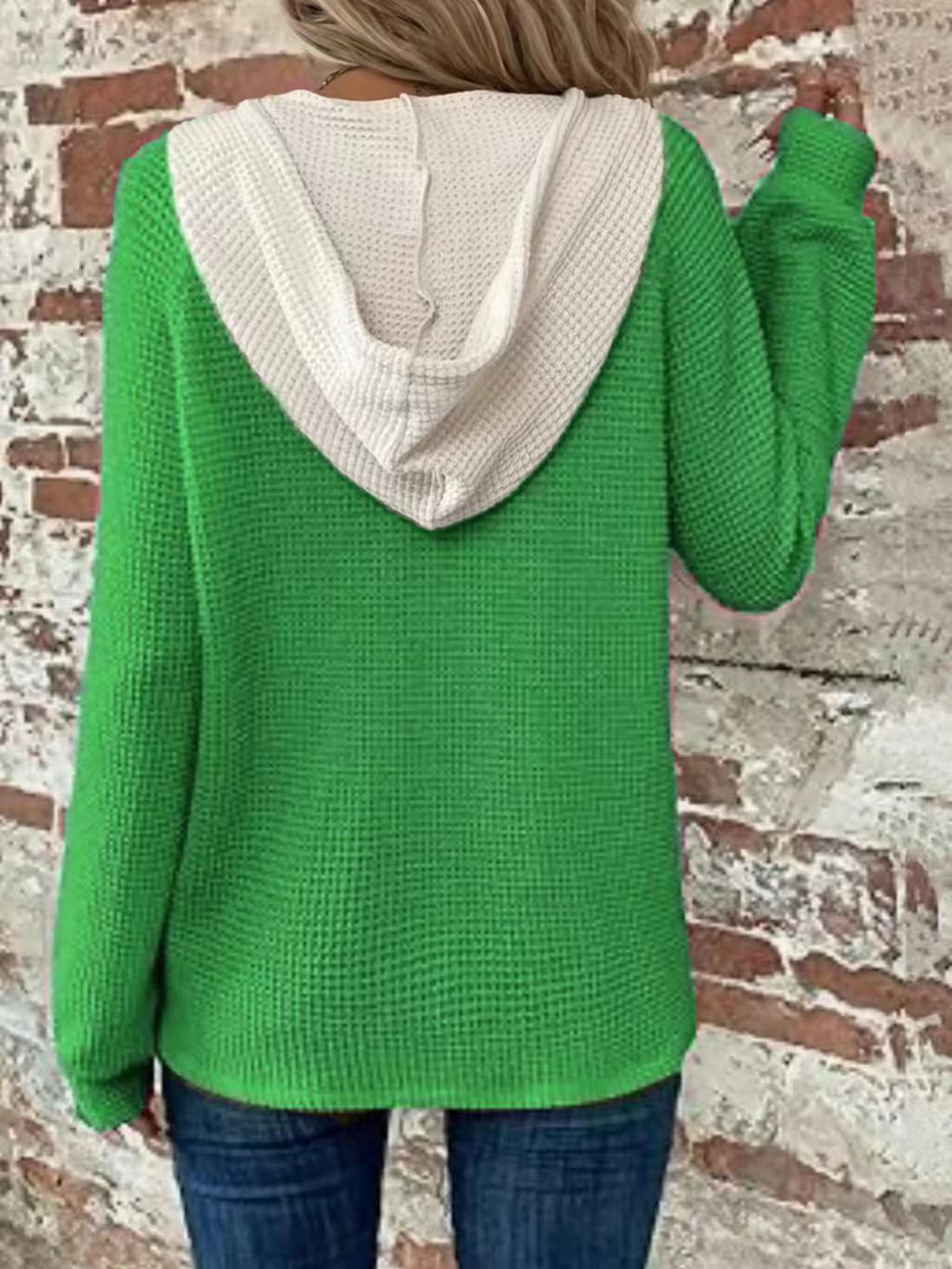 Contrast Hood Drawstring Waffle Pullover - Green - 1