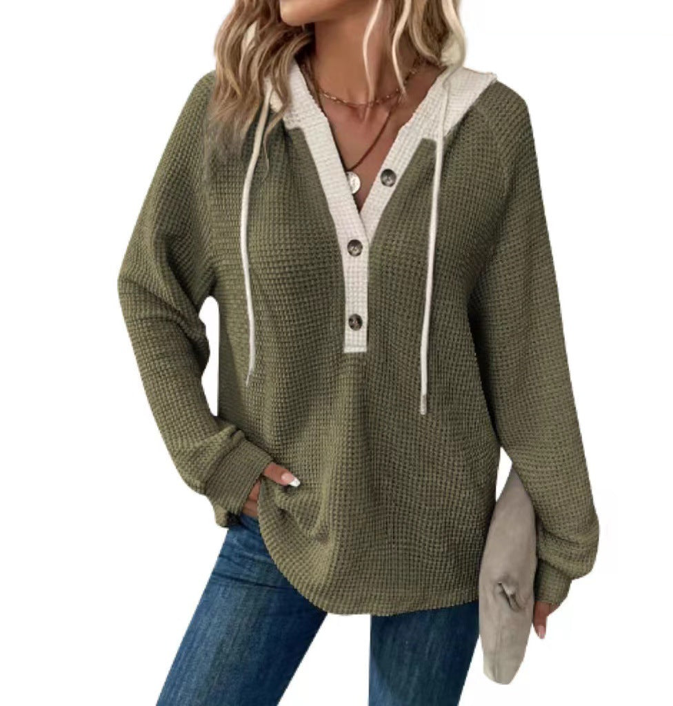 Contrast Hood Drawstring Waffle Pullover - MGreen