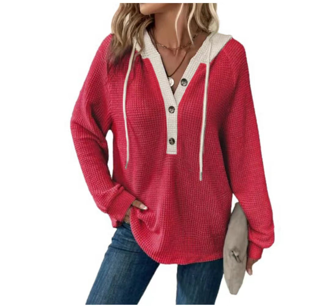 Contrast Hood Drawstring Waffle Pullover - Red