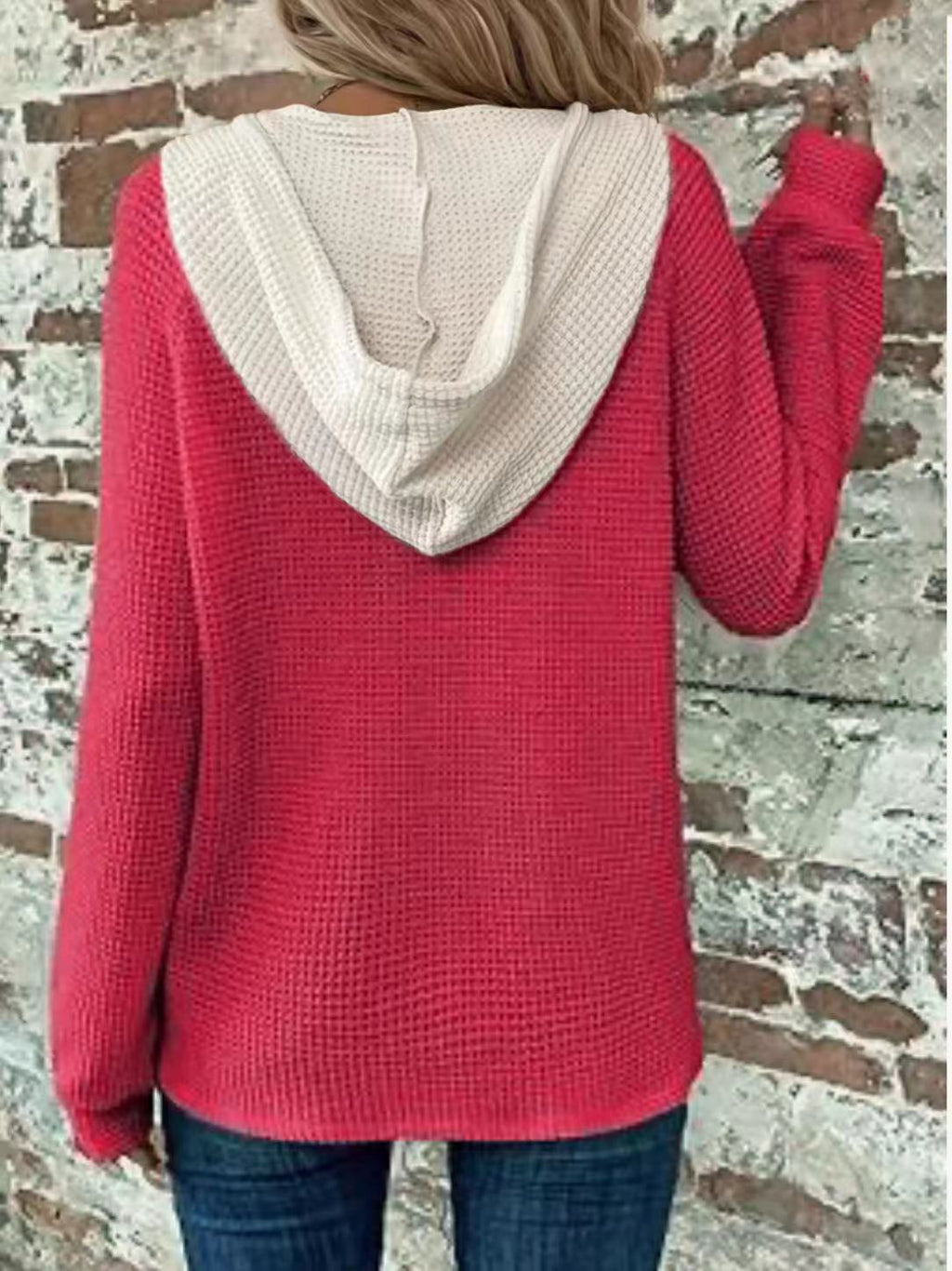 Contrast Hood Drawstring Waffle Pullover - Red - 1