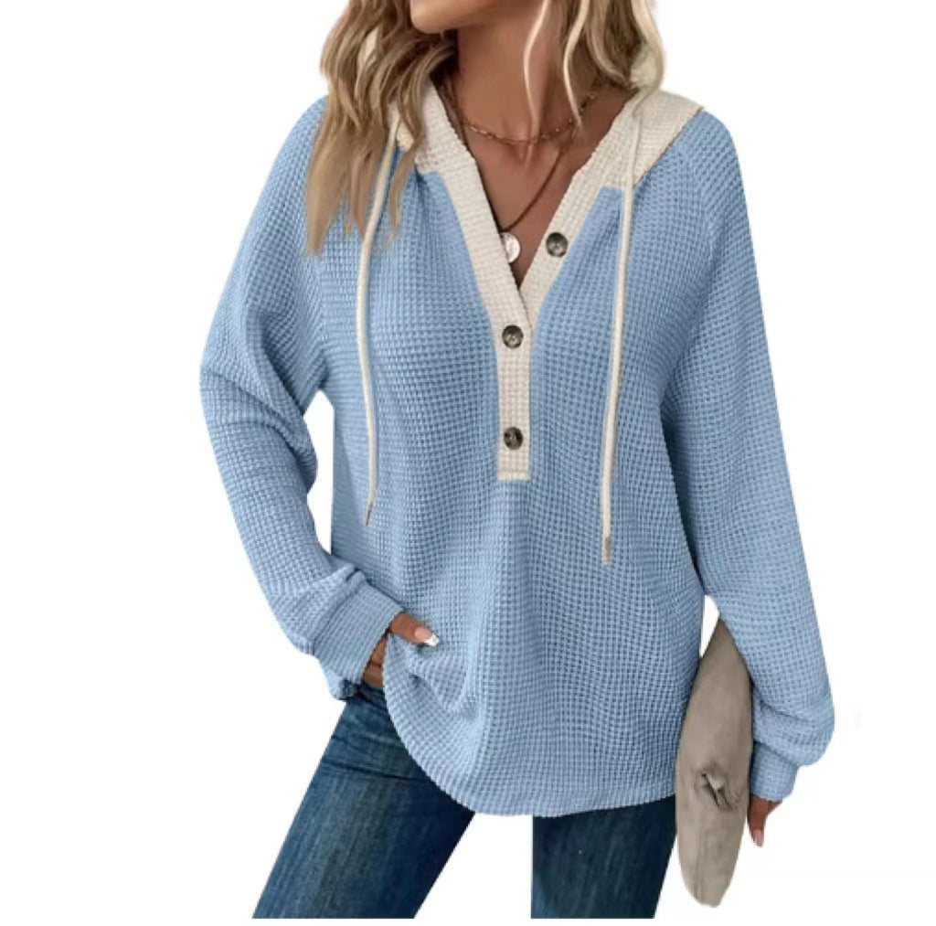 Contrast Hood Drawstring Waffle Pullover - SkyBlue