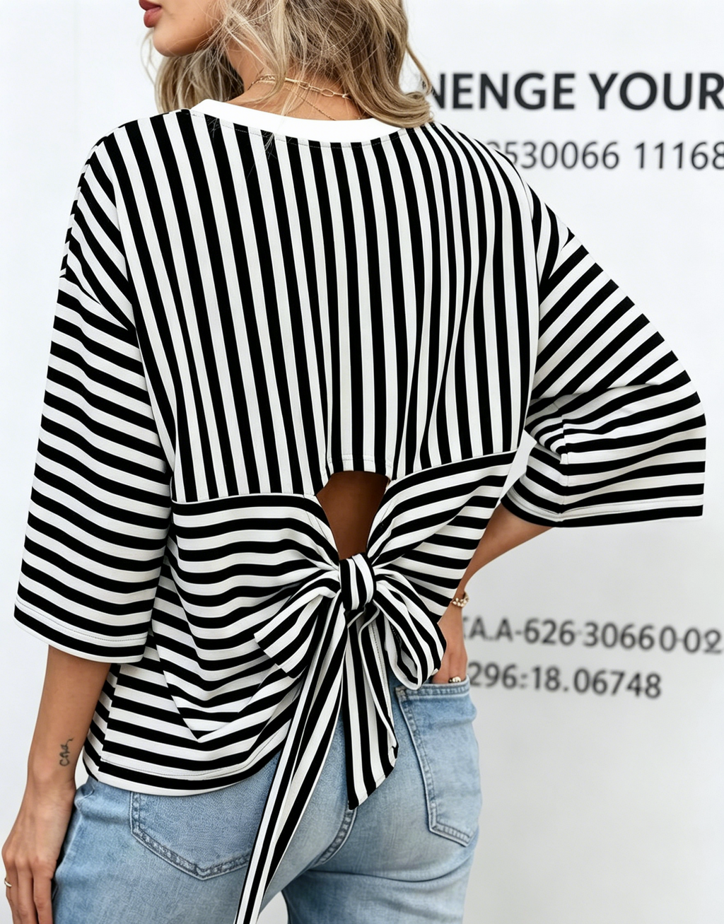 Striped Half Sleeve Tee With Cutout Back Bow - Black - 1