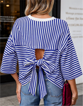 Striped Half Sleeve Tee With Cutout Back Bow - Blue