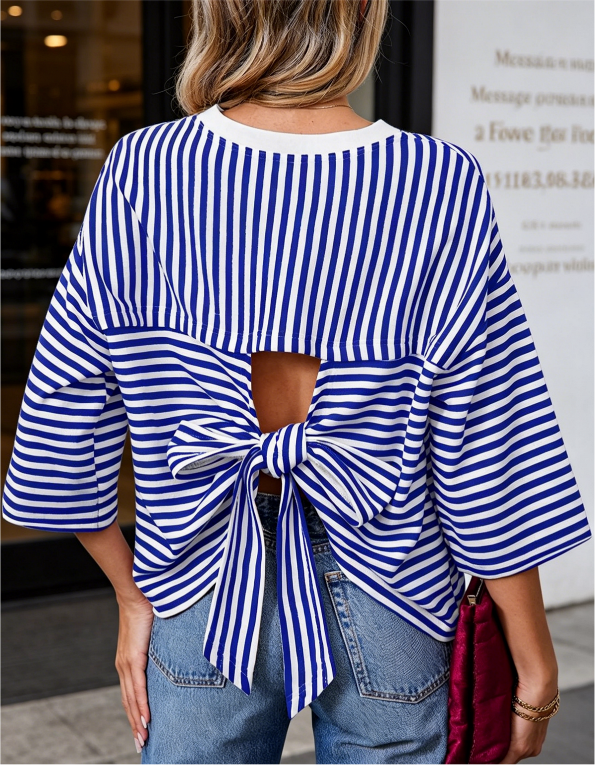 Striped Half Sleeve Tee With Cutout Back Bow - Blue