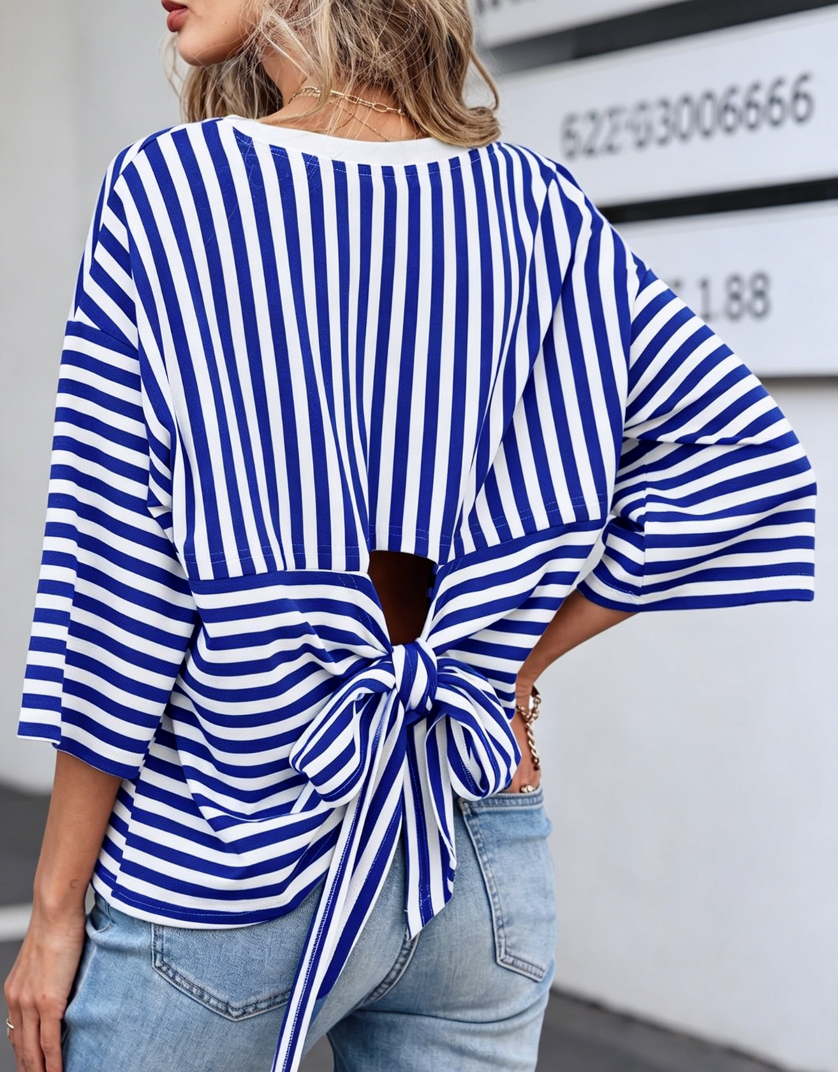 Striped Half Sleeve Tee With Cutout Back Bow - Blue - 2