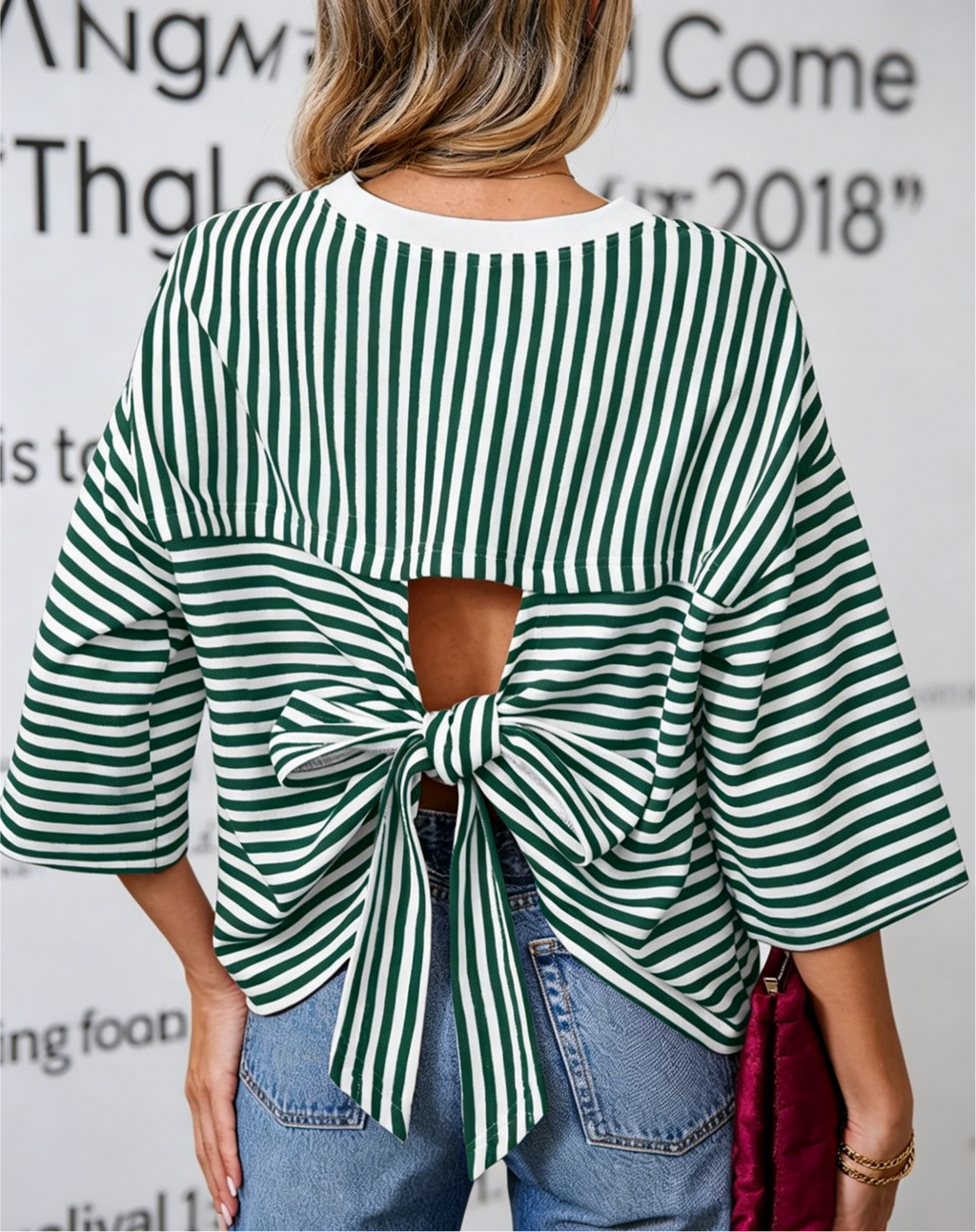 Striped Half Sleeve Tee With Cutout Back Bow - Green - 1