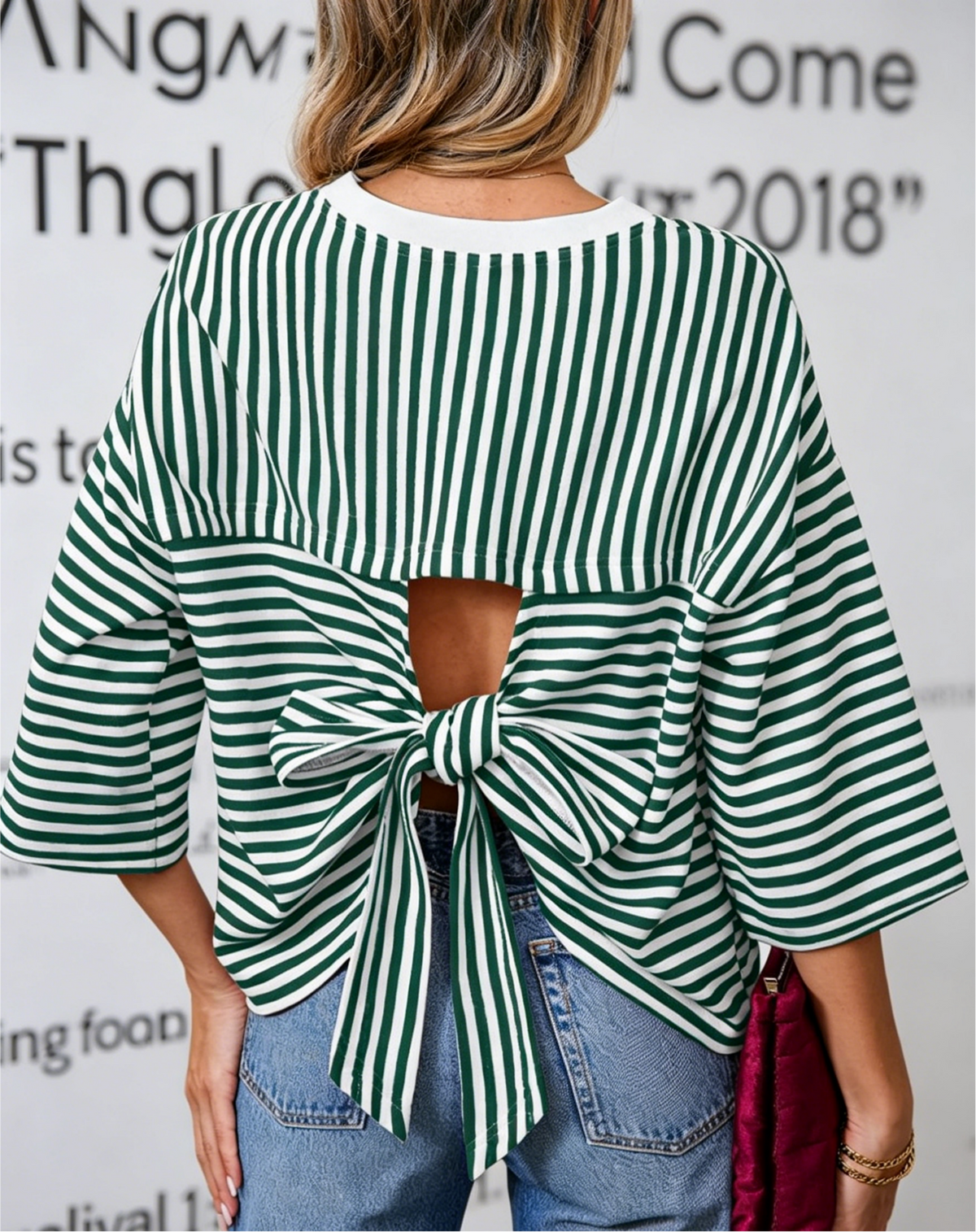 Striped Half Sleeve Tee With Cutout Back Bow - Green - 1
