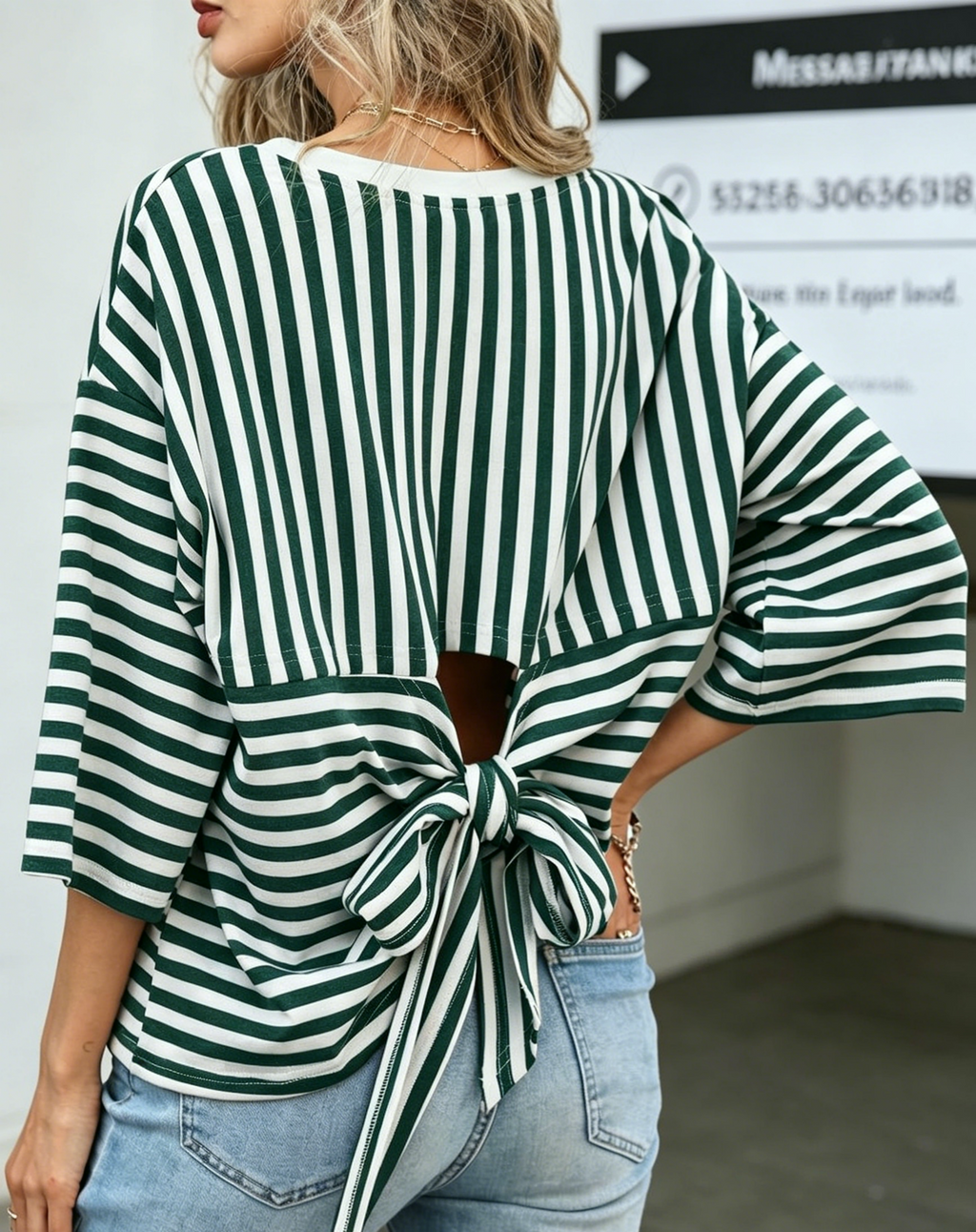 Striped Half Sleeve Tee With Cutout Back Bow - Green - 2