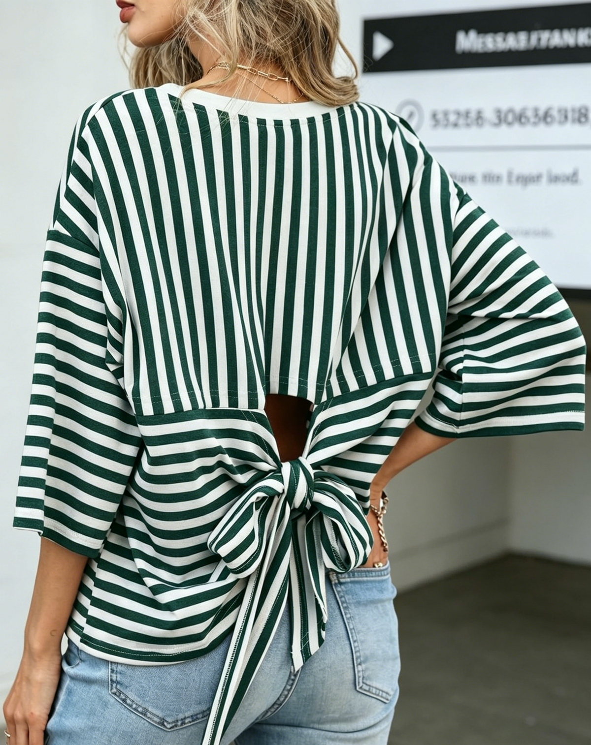 Striped Half Sleeve Tee With Cutout Back Bow - Green - 2