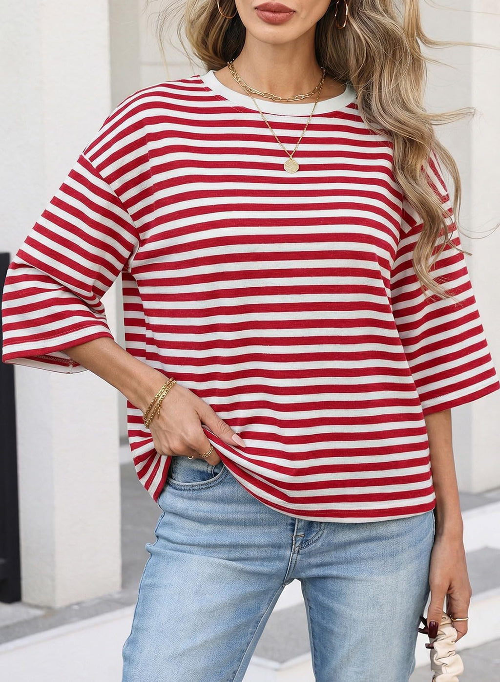 Striped Half Sleeve Tee With Cutout Back Bow - Red
