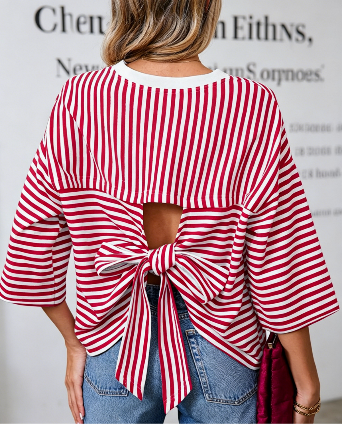 Striped Half Sleeve Tee With Cutout Back Bow - Red - 1