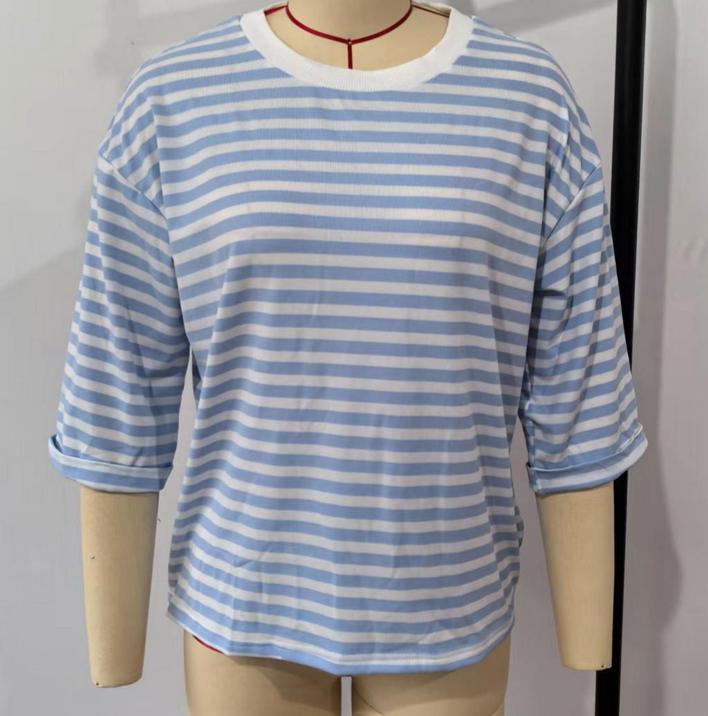 Striped Half Sleeve Tee With Cutout Back Bow - SkyBlue