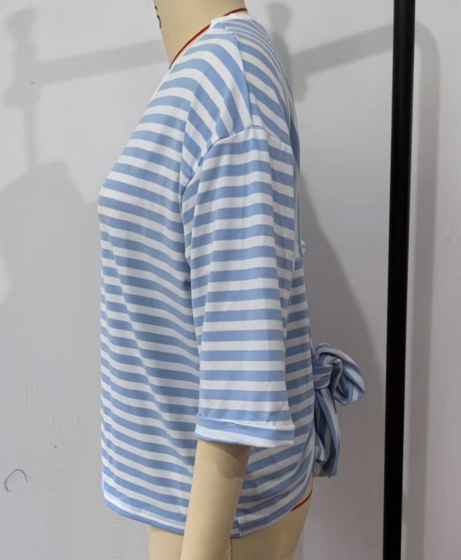 Striped Half Sleeve Tee With Cutout Back Bow - SkyBlue - 1