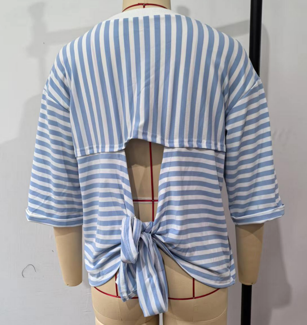 Striped Half Sleeve Tee With Cutout Back Bow - SkyBlue - 2