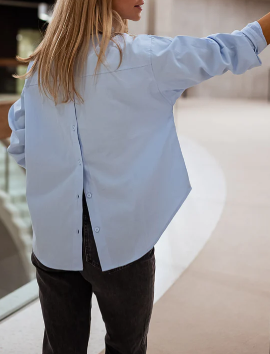 Oversized Drop Shoulder Button Back Shirt - blue