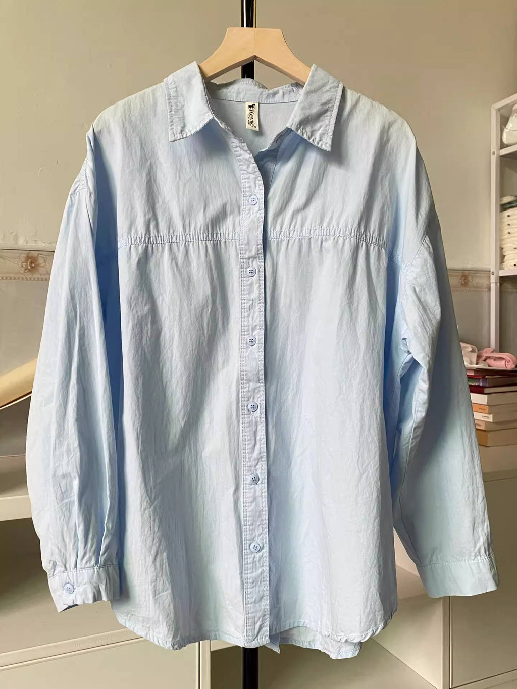 Oversized Drop Shoulder Button Back Shirt - blue - 1