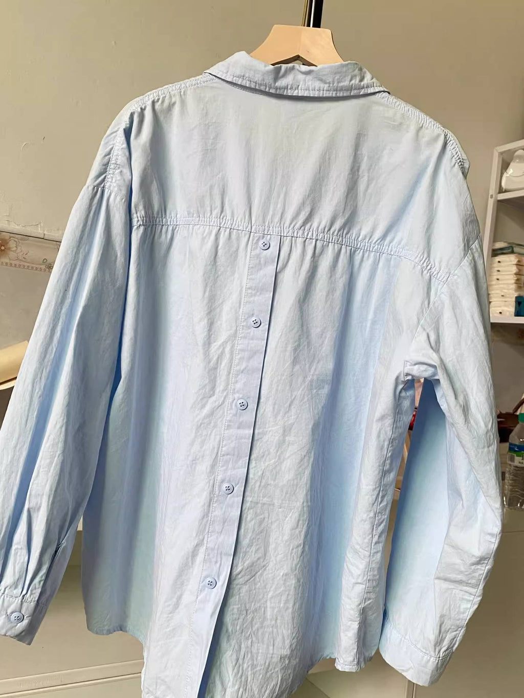 Oversized Drop Shoulder Button Back Shirt - blue - 10