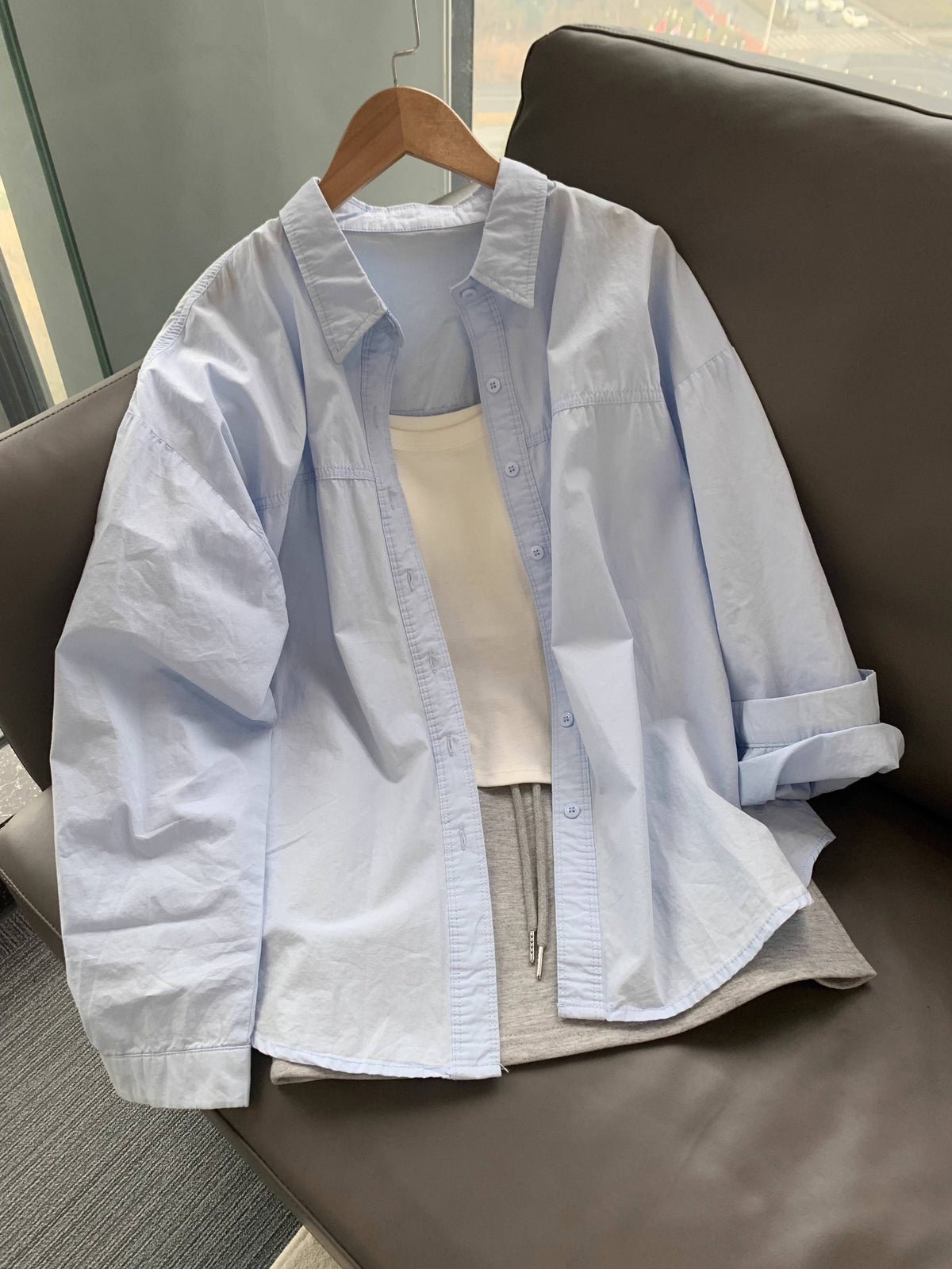 Oversized Drop Shoulder Button Back Shirt - blue - 5