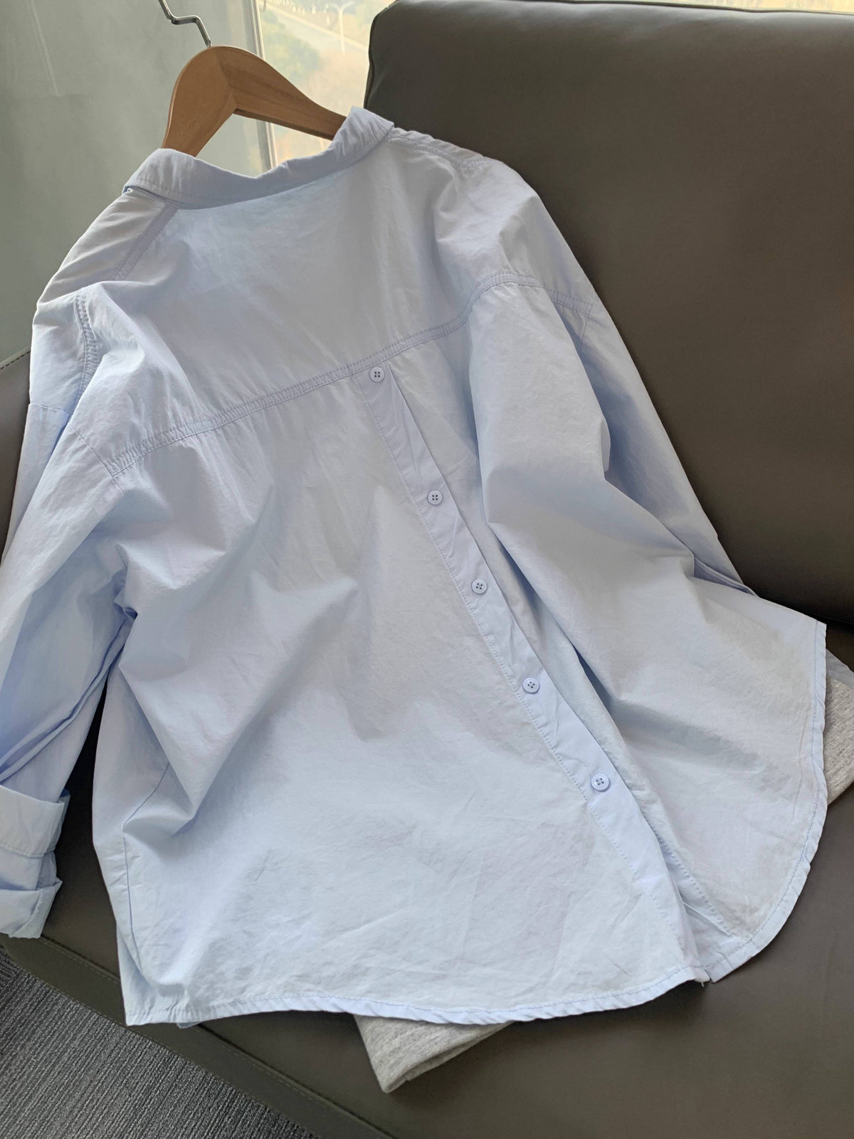 Oversized Drop Shoulder Button Back Shirt - blue - 7