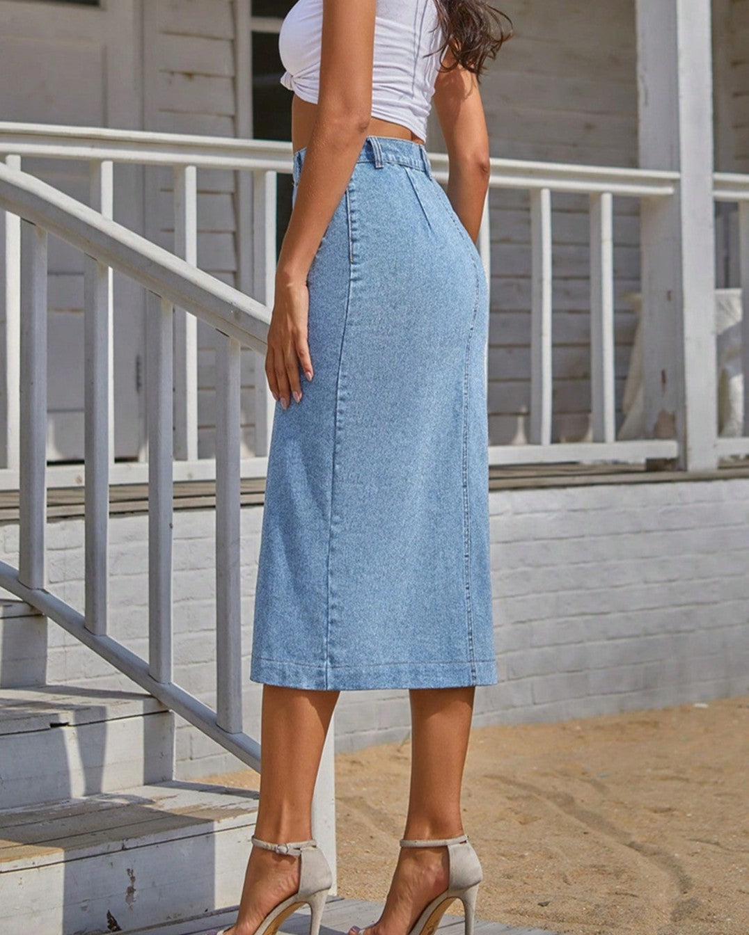 Button Front Split Hem Denim Midi Skirt - Blue - 4