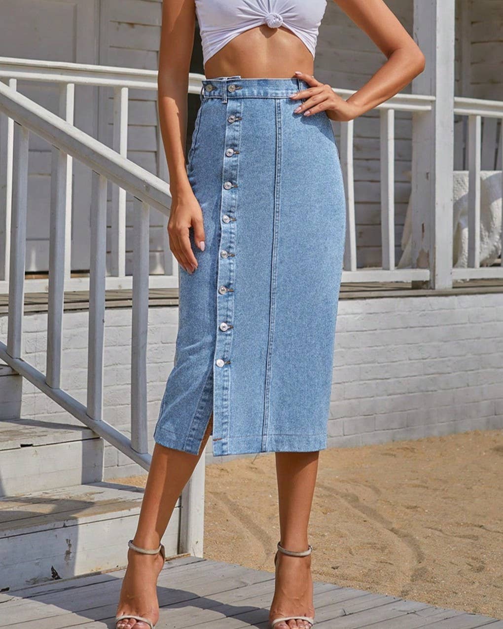 Button Front Split Hem Denim Midi Skirt