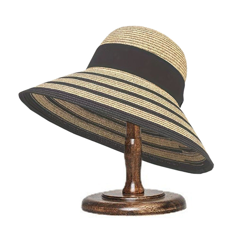 Wide-Brim Straw Sun Hat with Contrast Stripe Band - Khaki