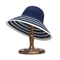 Wide-Brim Straw Sun Hat with Contrast Stripe Band - Navy Blue