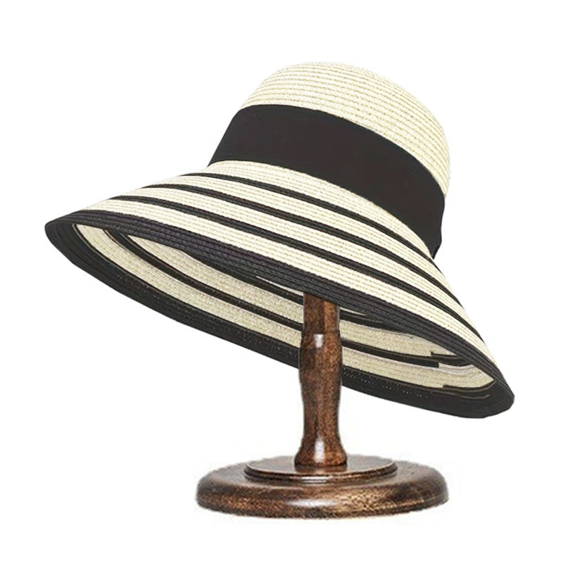 Wide-Brim Straw Sun Hat with Contrast Stripe Band - White