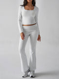 Square Neck Crop Top Flare Pant Set - Grey