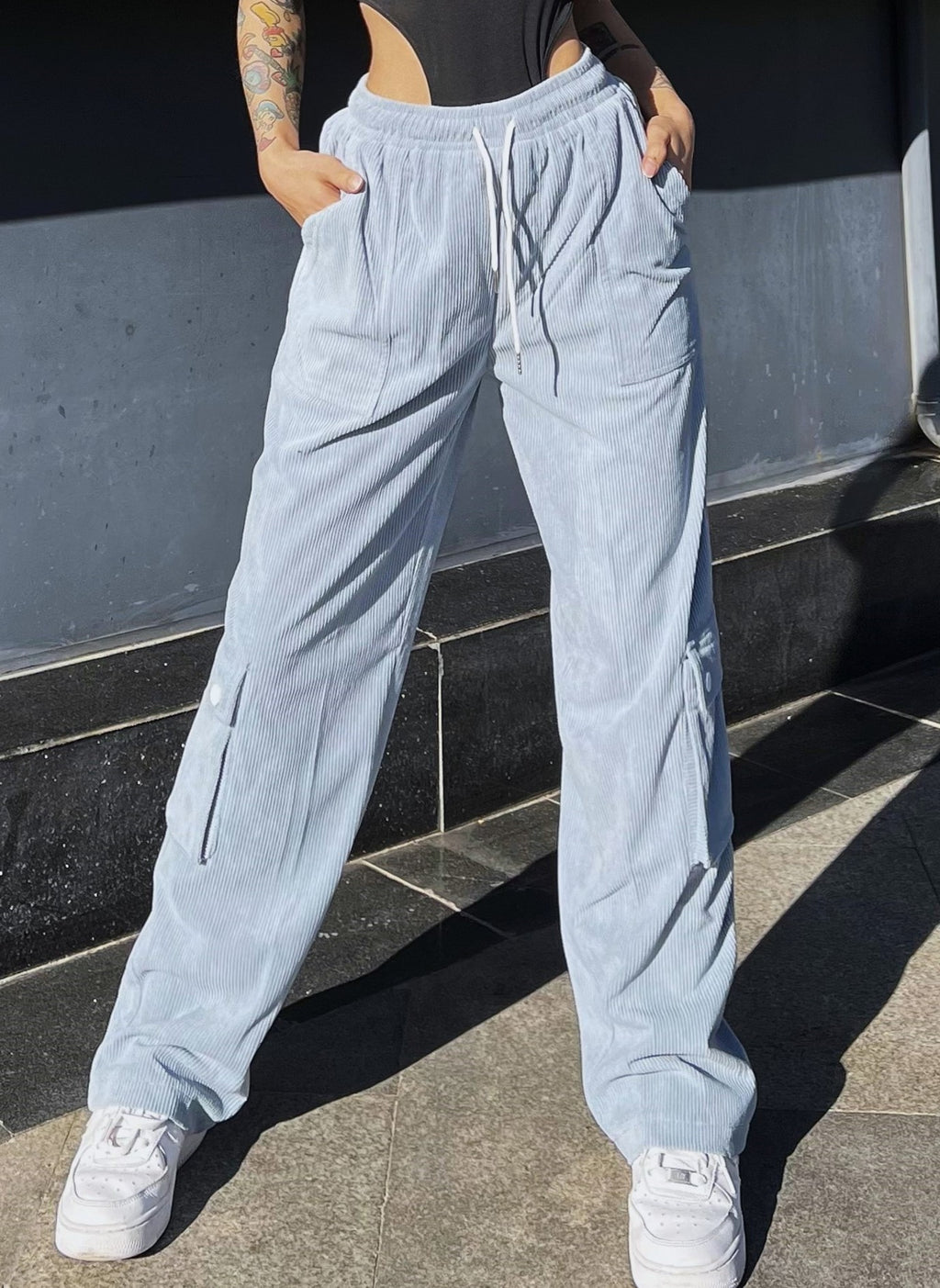 Corduroy Cargo Pocket Wide Leg Pants - Blue