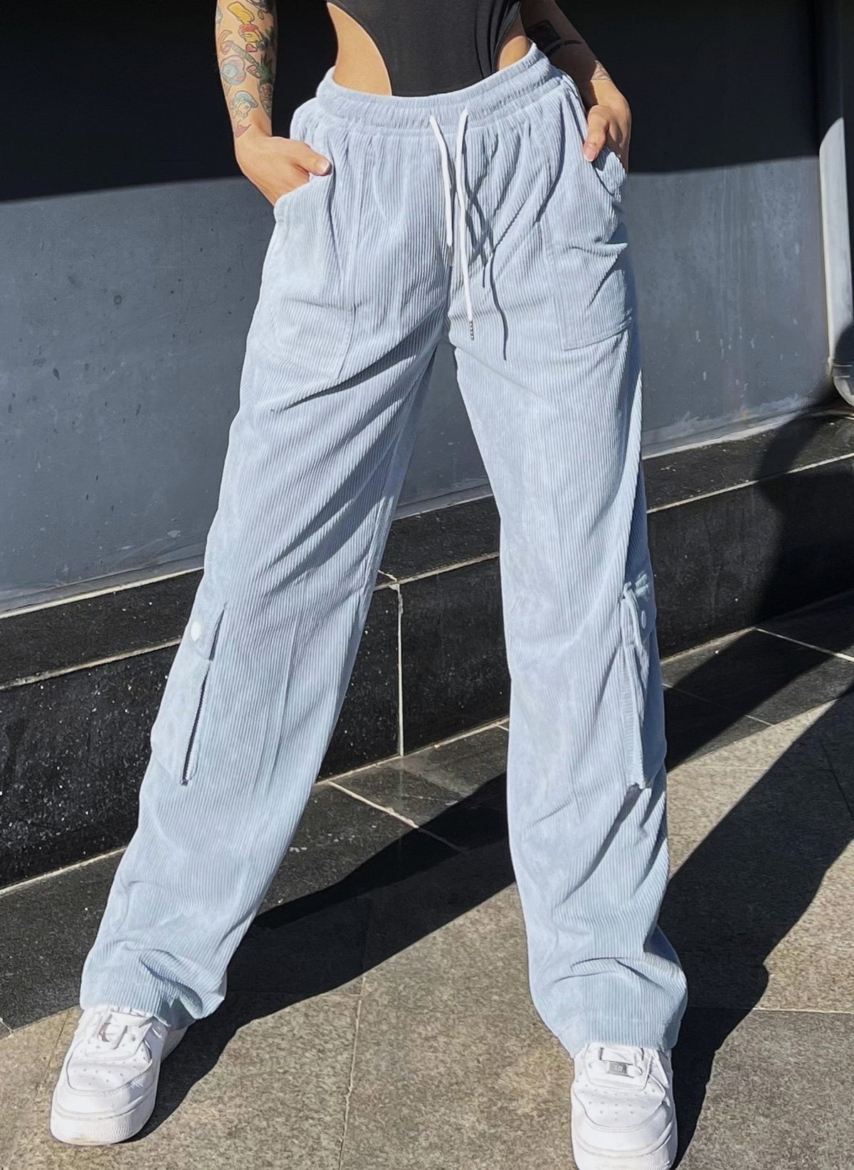 Corduroy Cargo Pocket Wide Leg Pants - Blue