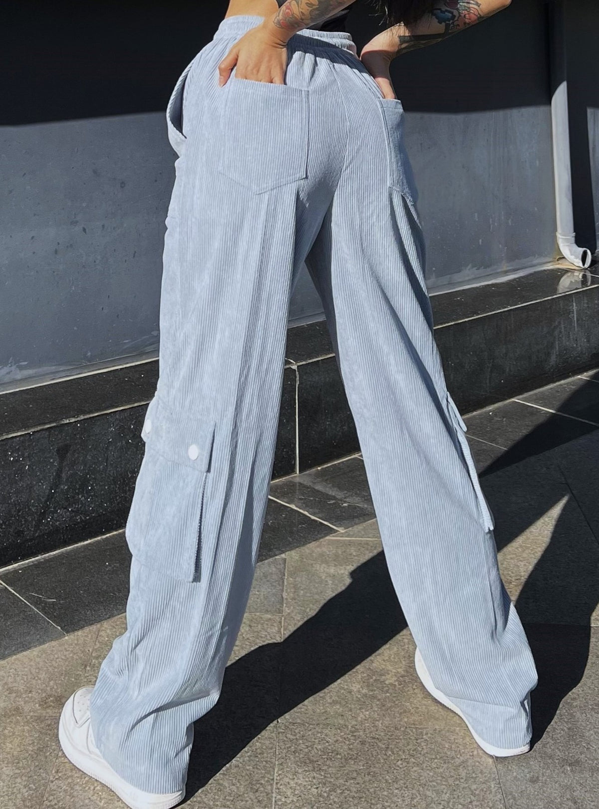 Corduroy Cargo Pocket Wide Leg Pants - Blue - 1