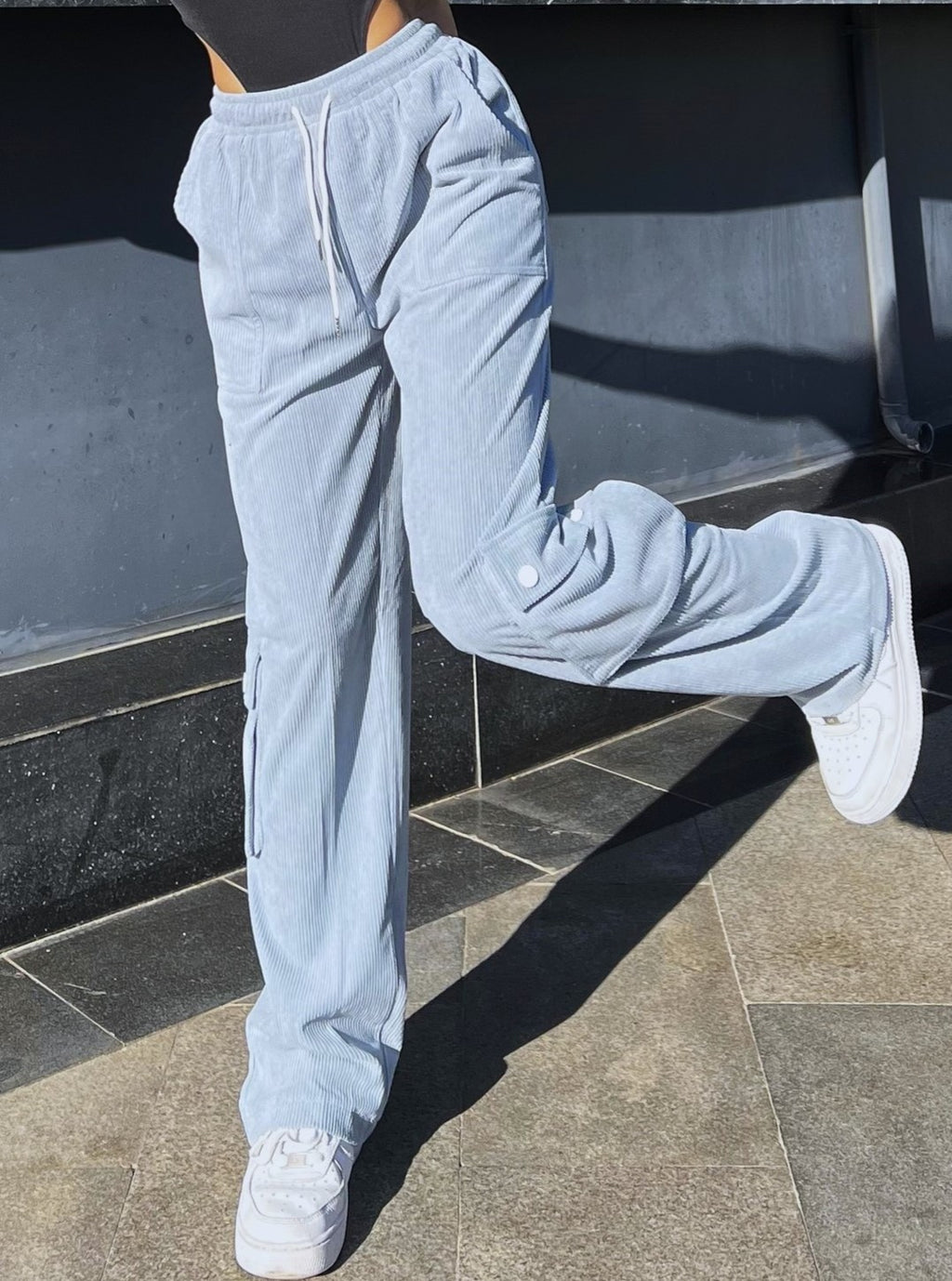 Corduroy Cargo Pocket Wide Leg Pants - Blue - 2