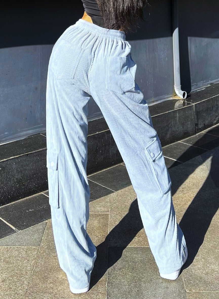 Corduroy Cargo Pocket Wide Leg Pants - Blue - 3
