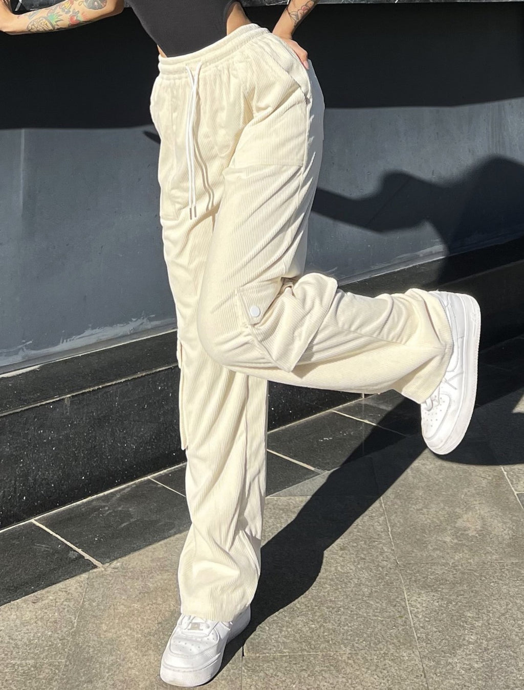 Corduroy Cargo Pocket Wide Leg Pants - White