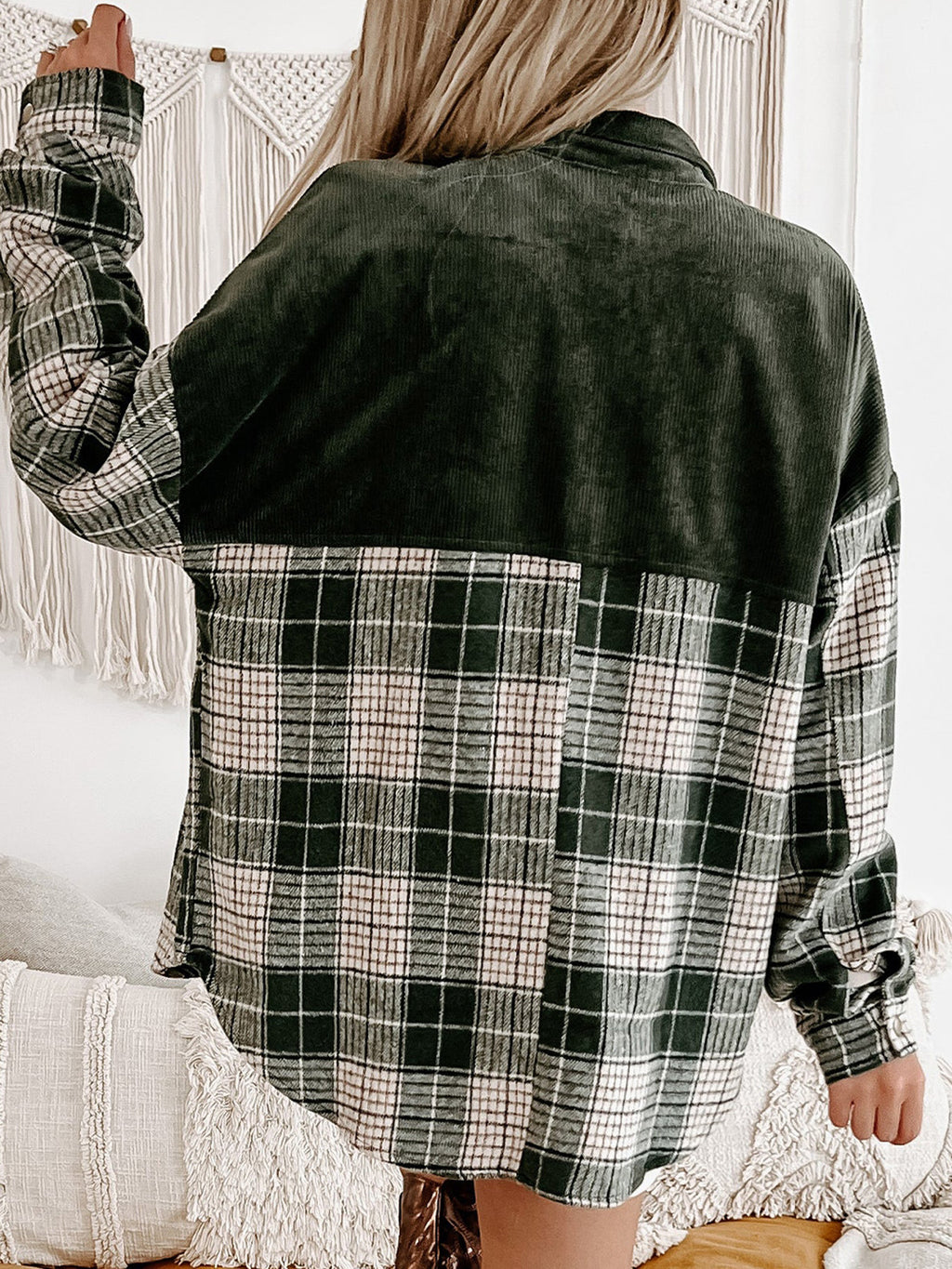 Corduroy Yoke Plaid Oversized Shacket - Green - 1