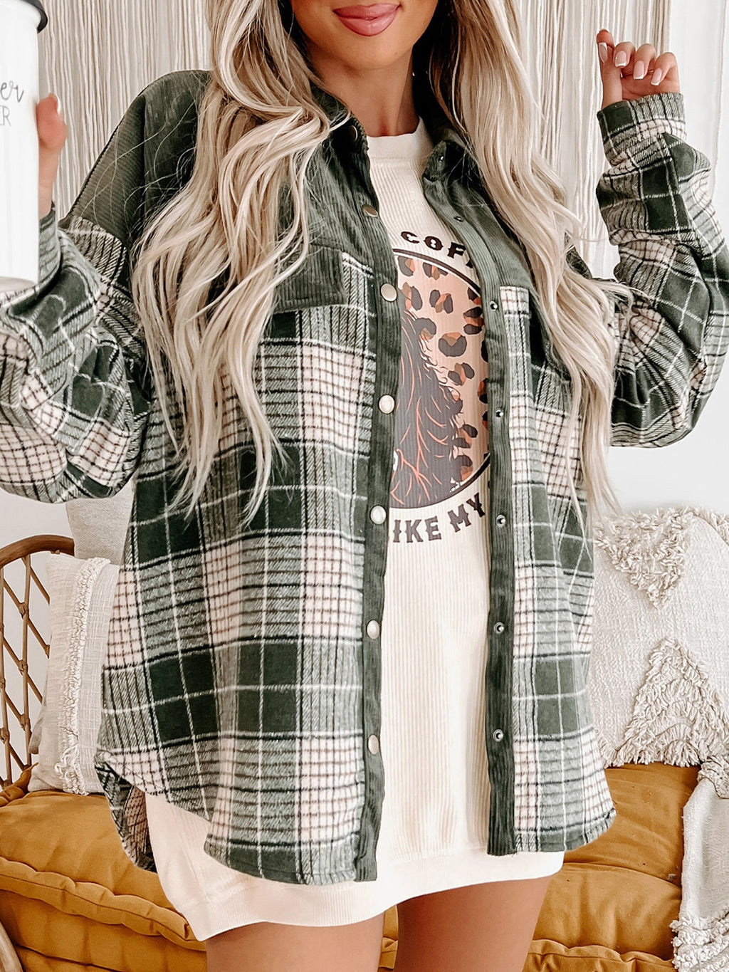 Corduroy Yoke Plaid Oversized Shacket - Green - 2