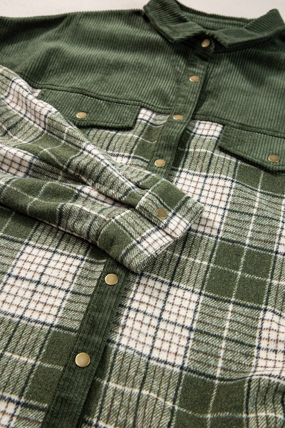 Corduroy Yoke Plaid Oversized Shacket - Green - 4