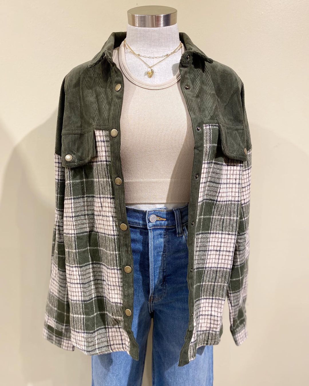 Corduroy Yoke Plaid Oversized Shacket - Green - 8