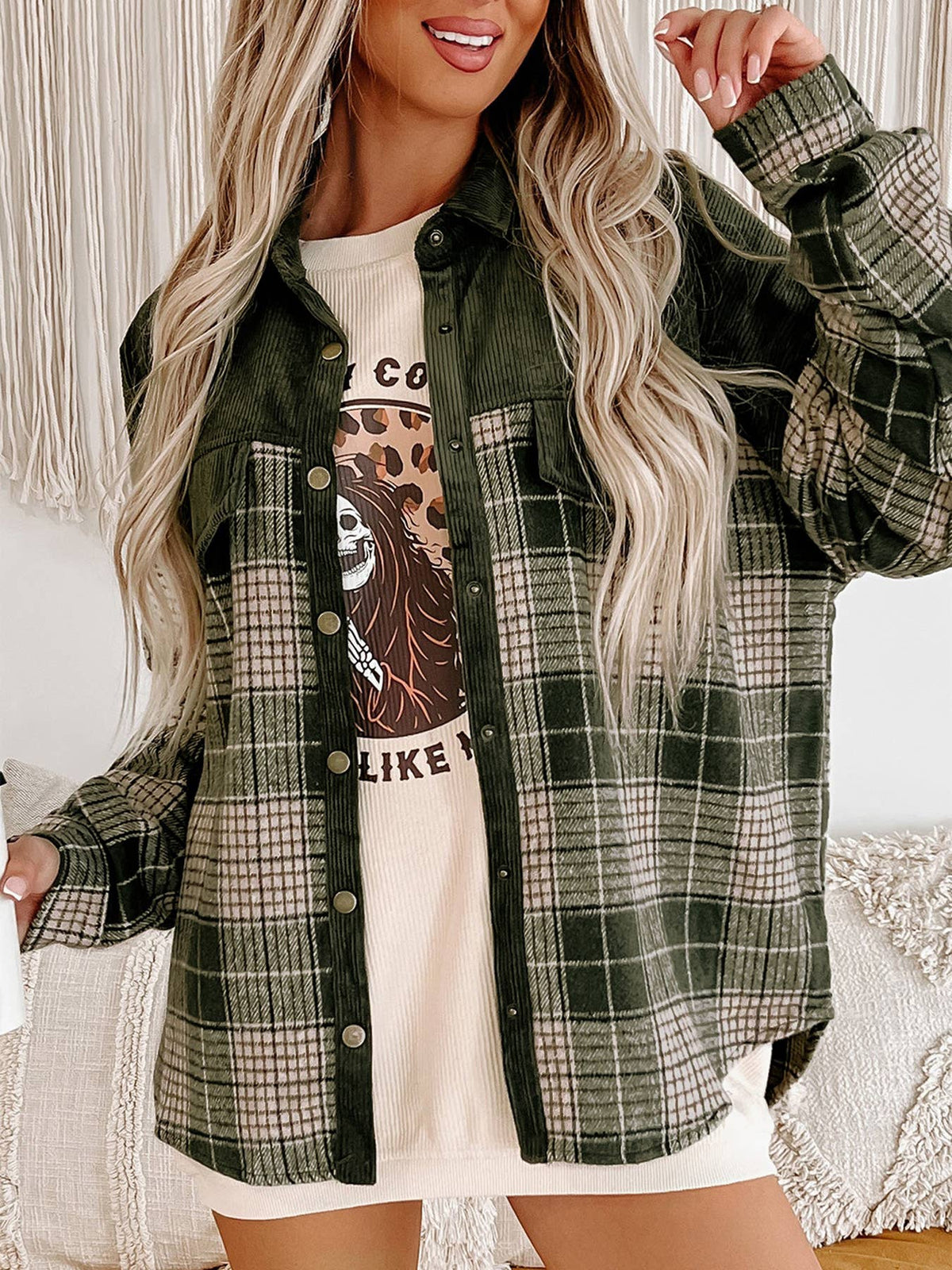 Corduroy Yoke Plaid Oversized Shacket