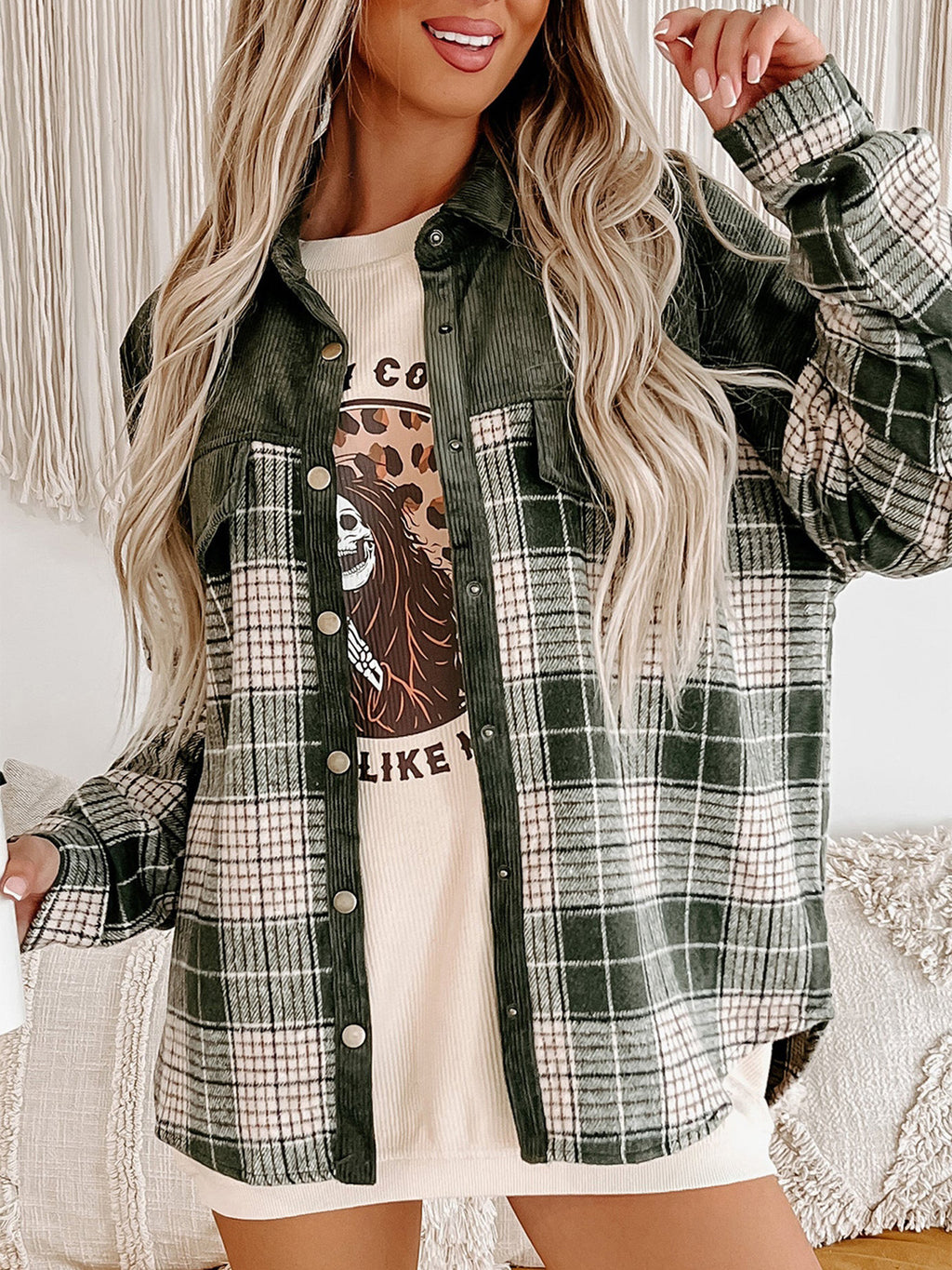 Corduroy Yoke Plaid Oversized Shacket - view 1