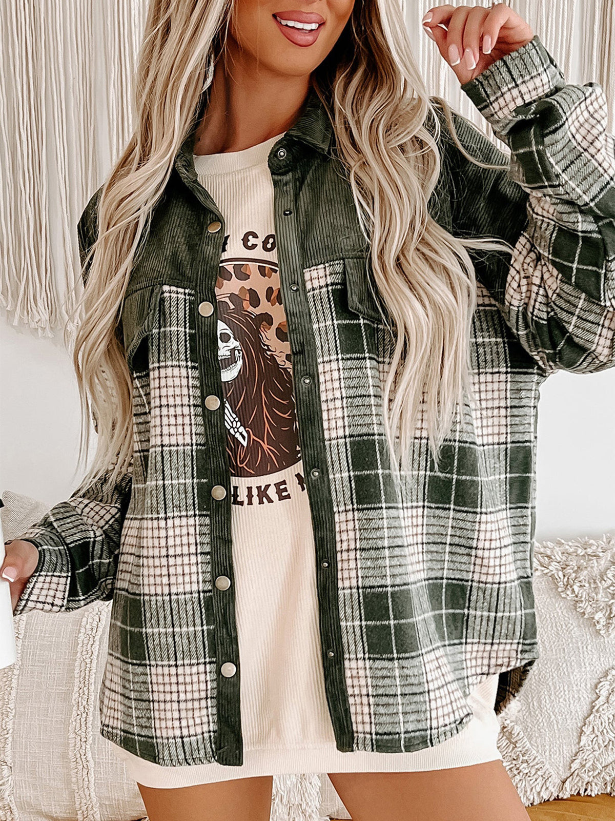 Corduroy Yoke Plaid Oversized Shacket - view 1