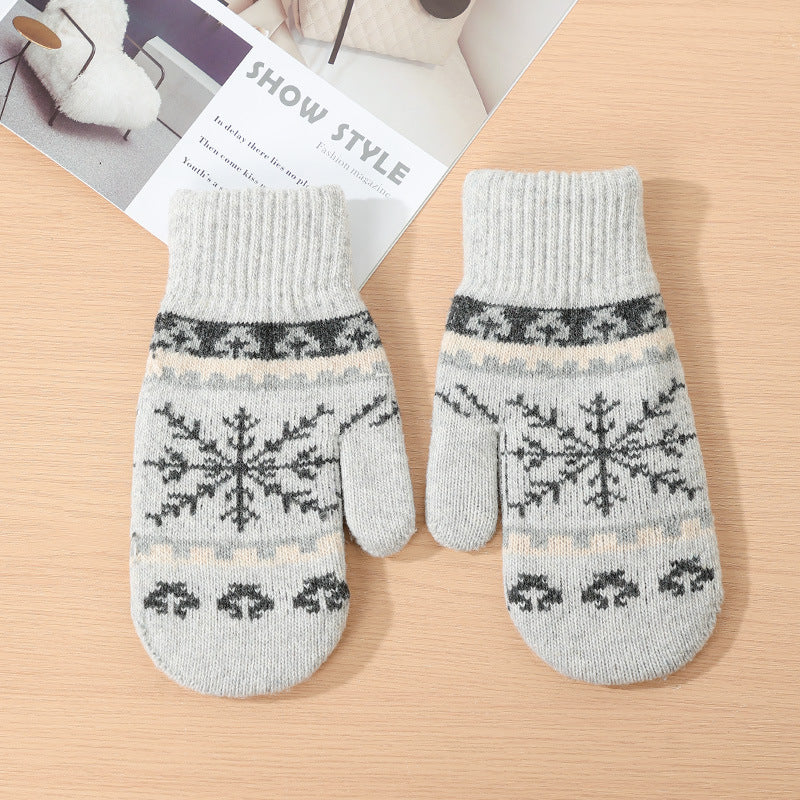 Snowflake Jacquard Knit Ribbed Cuff Winter Mittens - Grey